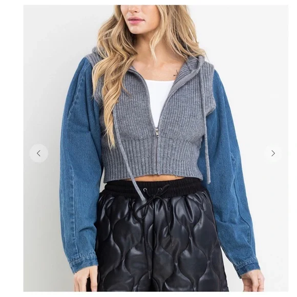 Rib Knit and Denim Contrast Crop Hoodie Jacket - Picture 5 of 6